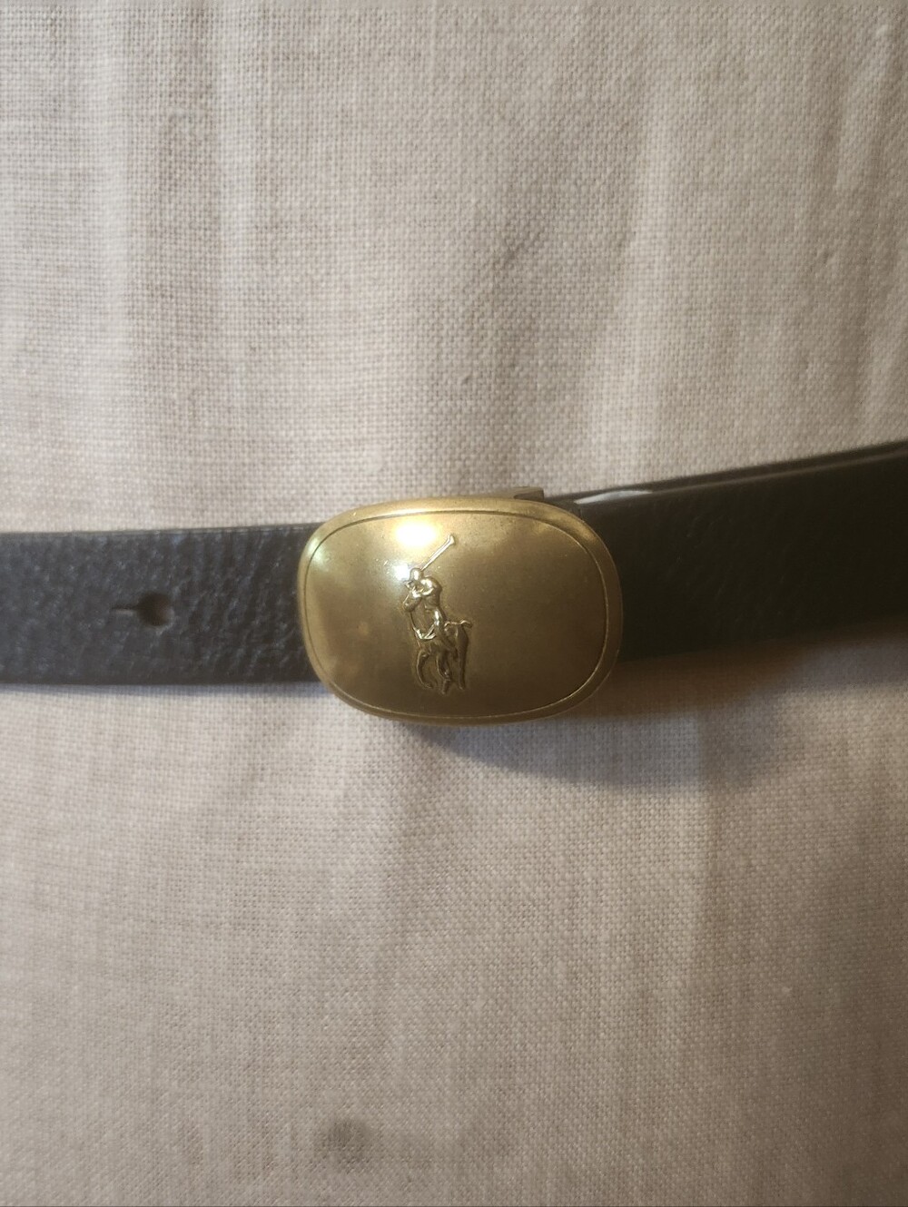 Ralph Lauren Polo Black Pebbled Leather Belt With Brass Engraved Buckle
